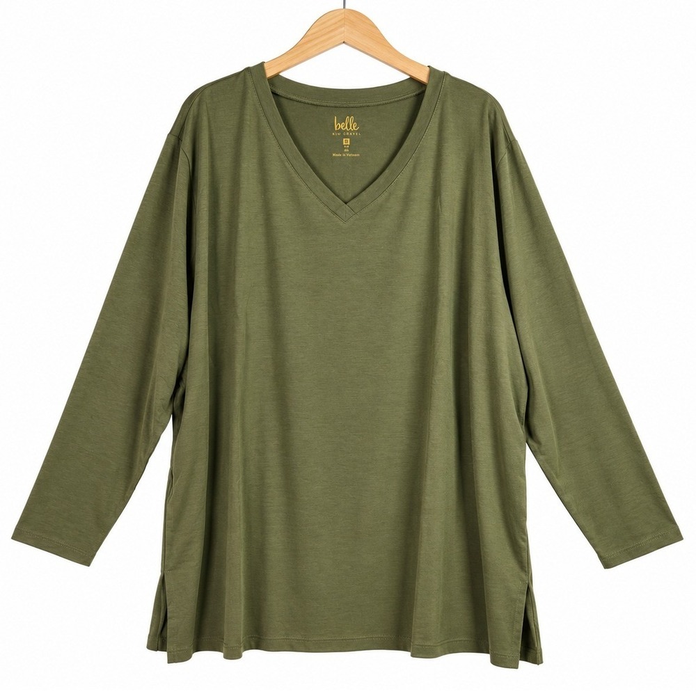 Belle Kim Gravel Top Womens 5X Olive Primabelle Knit Long Sleeve V-Neck A609936